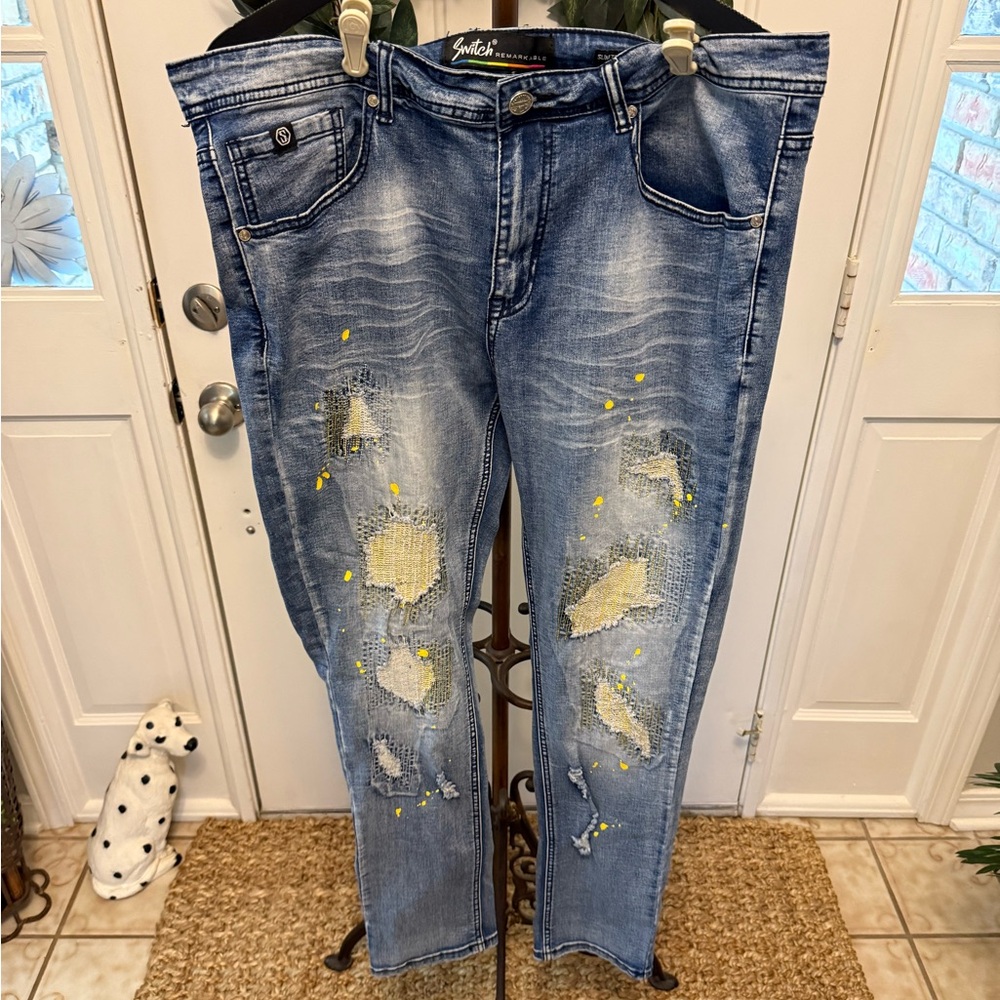 Switch Remarkable Paint Splatter Distressed Patch Jeans Slim Taper Fit 38 X 32